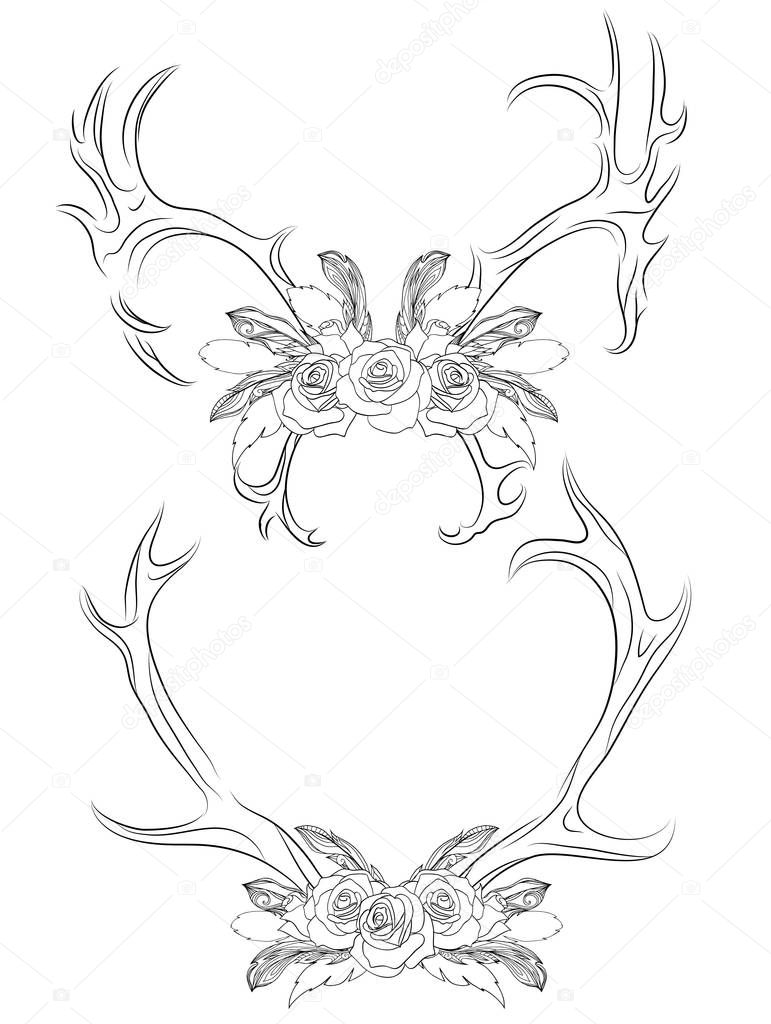 deer antlers with roses and feathers.