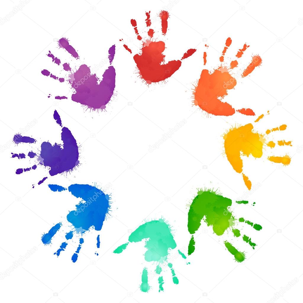 Rainbow prints of children hands