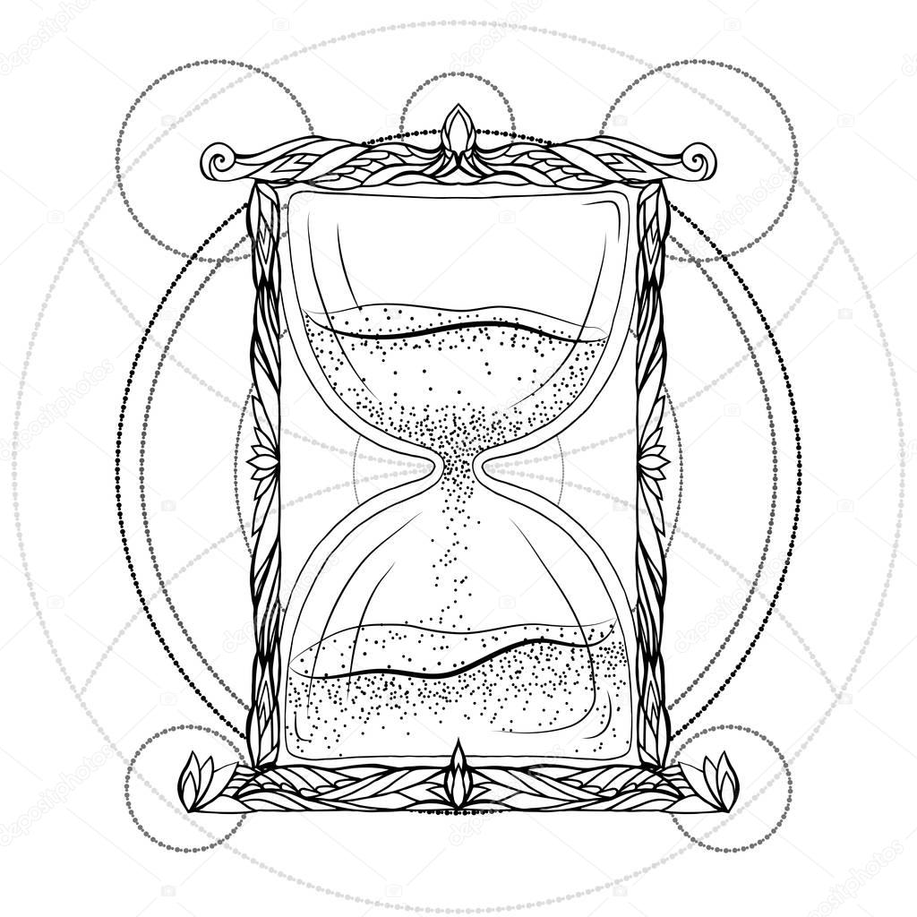 Black and white illustration of hourglass 
