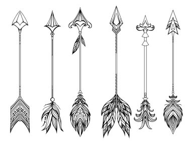 Boho oklarla farklı ipuçları ve kuş tüyü kümesi. Vektör doodle öğesi için yaratıcılığınızı