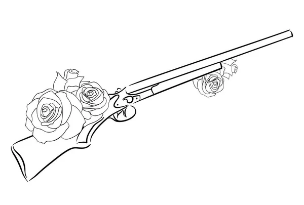 Ilustración Lineal Viejo Rifle Con Rosas Elemento Vectorial Para Diseño — Vector de stock