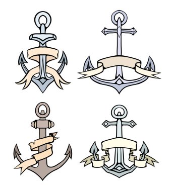 Set of vintage multicolored anchors with paper ribbon. Hand drawn illustration. Vector element for tattoos, print for t-shirts, coloring, emblems and for your design. clipart