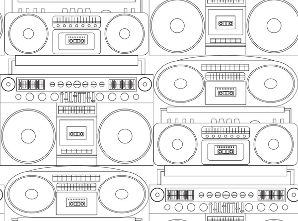 Naadloze Zwart Wit Patroon Met Contour Bandrecorders Boom Vakken Vector — Stockvector