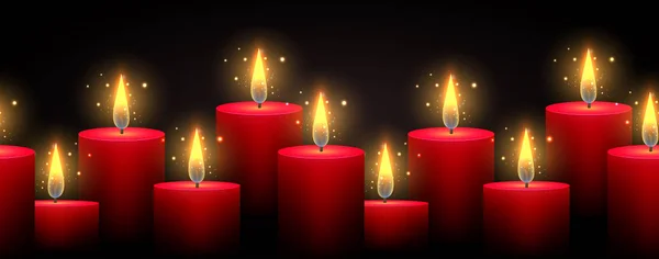 Nahtloser Rand Mit Leuchtenden Kerzen Auf Dunklem Hintergrund Vektorgrenze Für — Stockvektor