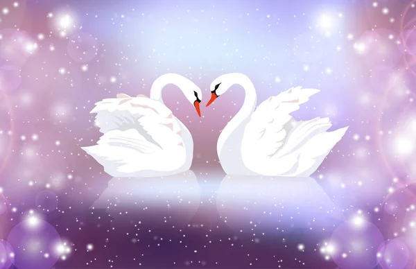Romantic Illustration Pair White Swans Blurred Background Sparkles Married Couple — Stock Vector