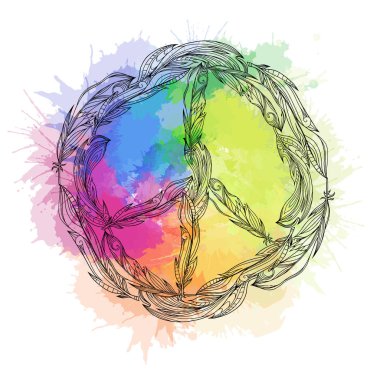 Barış işareti siyah ve beyaz tüyleri yapılmış ve gökkuşağı suluboya sıçramalarına