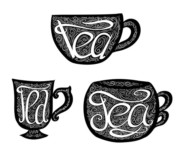 Conjunto Xícaras Chá Com Letras Doodle Tracery — Vetor de Stock