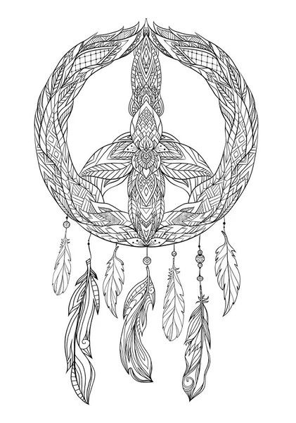 Ручной Рисунок Бохо Иллюстрация Ловца Снов Мирным Знаком Перьями — стоковый вектор