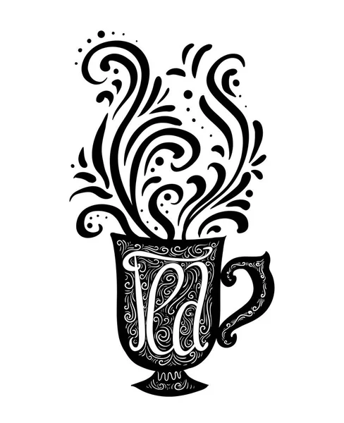 Fekete Fehér Csésze Tea Betűkkel Gőz Mintával — Stock Vector