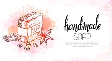 Üzerinde el yapımı sabun, tarçın çubukları, kahve taneleri ve suluboya serpiştirilmiş yıldız anason resmi olan yatay afiş. Vektör şablonu