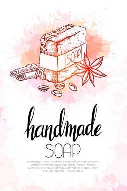 Tarçın çubukları, kahve taneleri ve suluboya sıçramaları üzerinde yıldız anason ile el yapımı sabun anahat illüstrasyon ile Dikey afiş. Vektör el çizimi