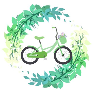 Çevre dostu ulaşım aracı. Yaprakların dallarında yeşil bisiklet. Spor yaşam tarzı. Yaz hobisi. Vektör düz resimleme