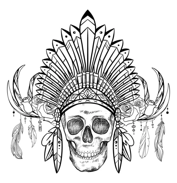 Dibujo blanco y negro de un cráneo humano en un sombrero nativo americano con cuernos de ciervo y rosas. Vista frontal. Imágenes vectoriales tribales — Vector de stock