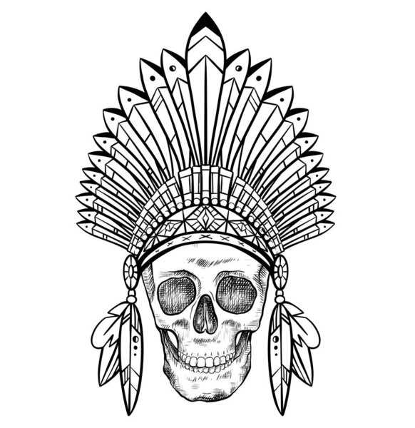 Black and white drawing of a human skull in a Native American hat. Tribal doodle picture. Front view. Tribal vector images