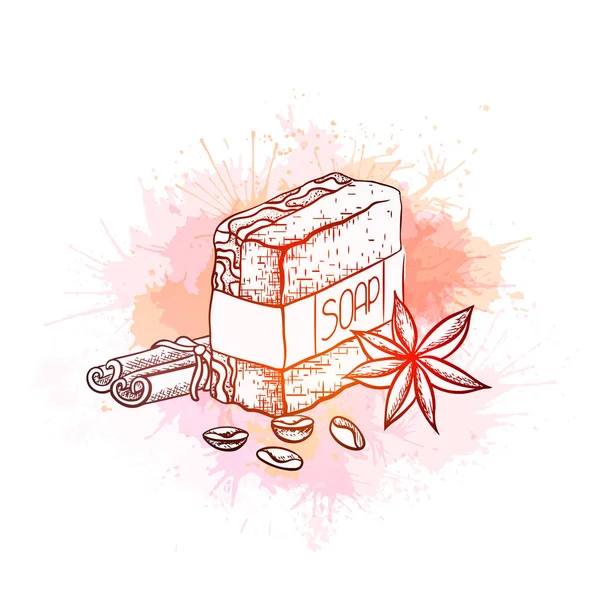 Desenho vetorial ilustração de sabão artesanal com paus de canela, grãos de café e anis estrelado em respingos de aquarela e sprays. Desenho desenhado à mão —  Vetores de Stock