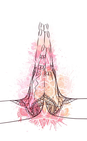 Manos indias en mehndi en gesto de meditación de yoga en mandala paisley. Namaste mudra en salpicadura de acuarela rosa. Calma y paz. Tarjeta vectorial — Vector de stock