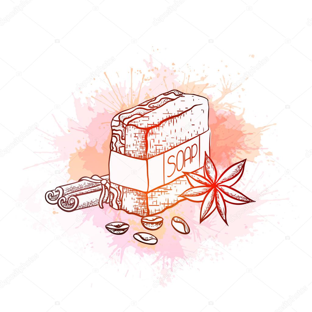 Vector outline illustration of handmade soap with cinnamon sticks, coffee grains and star anise on watercolor splashes and sprays. Hand drawn drawing
