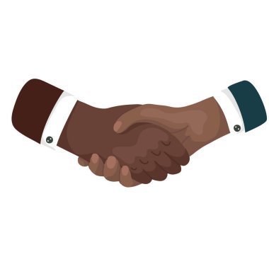 Afrikalı erkekler el sıkışıyor. İş adamı anlaşma yapıyor. Uluslararası Dostluk Günü. Vektör karikatür düz illüstrasyon