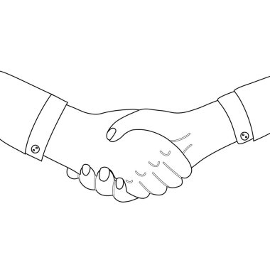 Anahat adam el sıkışıyor. Çizgi sanatı işadamı bir anlaşma yapıyor. Uluslararası Dostluk Günü. Vektör siyah beyaz illüstrasyon