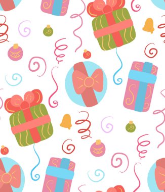 Beyaz arka planda dikişsiz Noel deseni. Dekorasyon, hediyeler, serpantin ve konfeti ile Duvar Kağıdı. Şenlikli doku