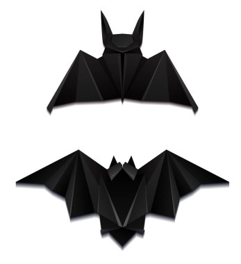 Siyah kağıt origami yarasaları. 3D nesne arkaplandan ayrı olarak. Zanaat Hayvanat bahçesi. Cadılar Bayramı. Vektör ögesi