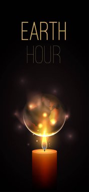 Dünya Saati. Elektriksiz zaman. Doğa koruma. Ekolojik kirlilik sorunu. Gerçekçi yanan mum, alev ve karanlık arka planda Dünya gezegeni olan vektör kartı..