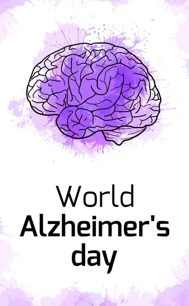 Día Internacional de Alzheimers. Tarjeta vertical con contorno del cerebro humano sobre manchas de acuarela púrpura. Enfermedad y extinción. Banner vectorial — Vector de stock