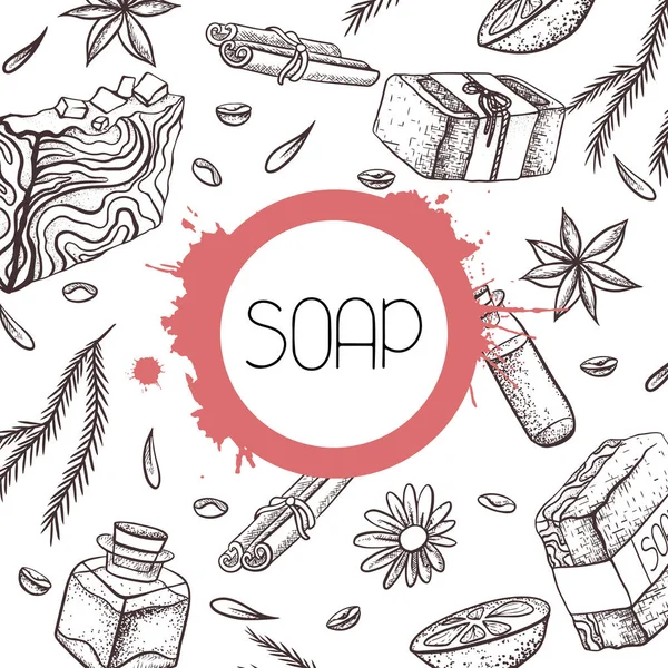 El yapımı sabun ve suluboya sıçrama çizim çizim ile kare kart. Boyalı sabun, yağ, calendula, tarçın ve kahve ile kaplayın. Vektör şablonu