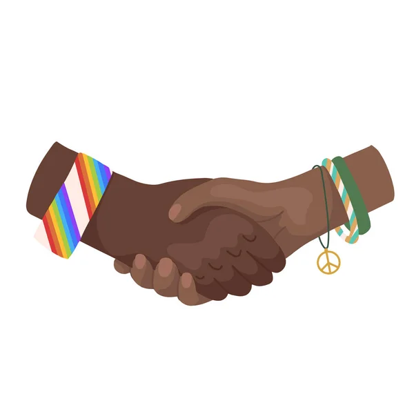 Illustrazione piatta vettoriale di agitazione mani africane con bracciali. Giornata internazionale dell'amicizia. Unità e riconoscimento. Quadro del fumetto in stile moderno — Vettoriale Stock