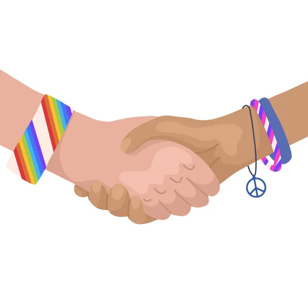 Illustrazione piatta vettoriale di stringere le mani con bracciali arcobaleno. Giornata internazionale dell'amicizia. Unità e riconoscimento. Quadro del fumetto in stile moderno — Vettoriale Stock