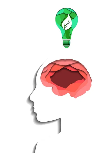 Cérebro humano em camadas e lâmpada ecológica cortadas de pape sobre fundo branco. Origami de corte de papel. Eco-friendly ideia e inovação. Ilustração vetorial 3d —  Vetores de Stock