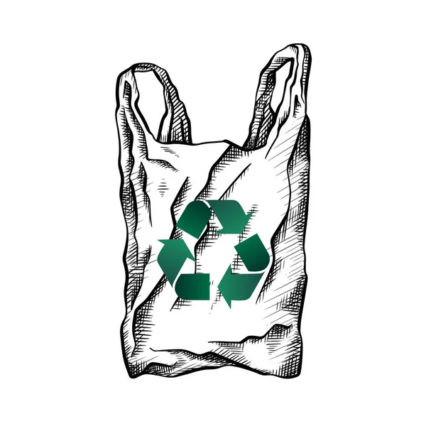 Bolsa con cartelera para incubar y reciclar. Eco amigable bolsa cero residuos. Residuos reciclados. Problema ecológico. Dibujo en blanco y negro vectorial — Archivo Imágenes Vectoriales
