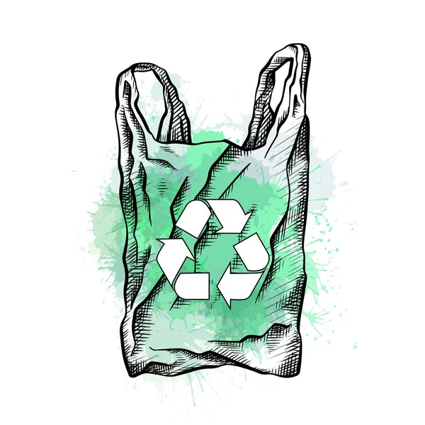 Bolsa con eclosión, letrero de reciclaje y salpicaduras de acuarela verde. Eco amigable bolsa cero residuos. Residuos reciclados. Problema ecológico. Dibujo vectorial — Archivo Imágenes Vectoriales