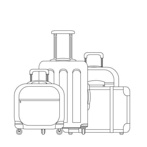 Ilustración de contorno de varias maletas. Viajes familiares. Dibujo lineal de equipaje y fregadero. Vector elemento blanco y negro — Vector de stock