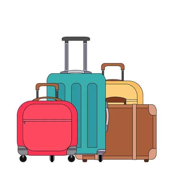 Kleur cartoonillustratie van verschillende koffers. Familie reizen. Lineaire tekening van bagage en scrub. Vectorkleurig element — Stockvector