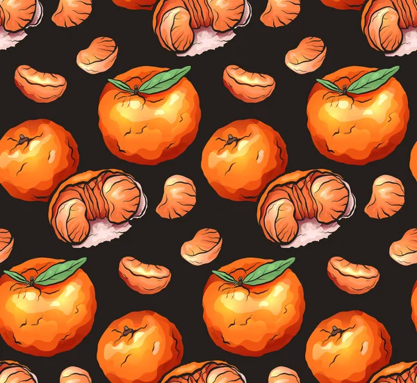 Nahtlose Textur mit orangefarbenen Mandarinen mit Scheiben auf dunklem Hintergrund. Vektormuster — Stockvektor