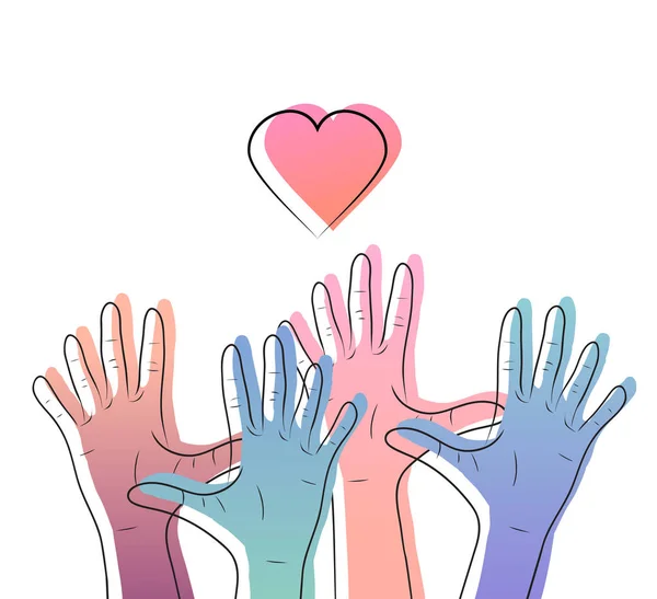 Illustration linéaire du dégradé de couleurs des mains humaines avec des cœurs. Journée internationale de l'amitié et de la bonté. L'unité du peuple. Élément vectoriel — Image vectorielle