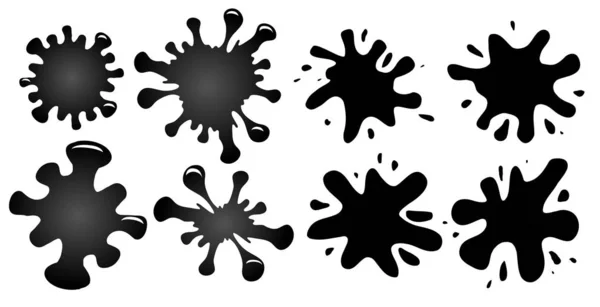 Set of black oil stains with highlights and drops. Flat ink splash. The object is separate from the background. Vector element — Stock Vector