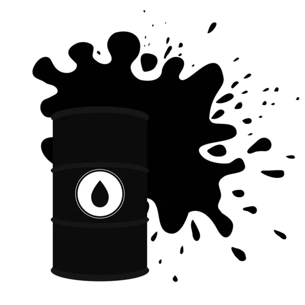 Derramou óleo preto. Ilustração vetorial de barril de óleo, respingo de óleo e gotas ao redor. O objeto é separado do fundo. Aumento da procura . — Vetor de Stock