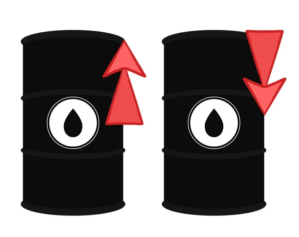 Aumento y descenso de los precios del mercado petrolero. Conjunto de ilustraciones vectoriales de barril de petróleo y flecha roja arriba y abajo. Aumento de la demanda. Escasez de combustible . — Archivo Imágenes Vectoriales