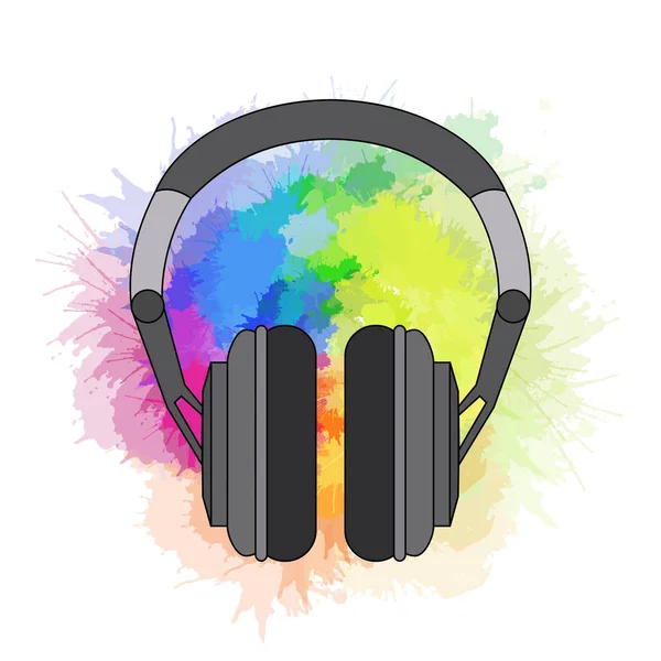 Ilustración de contorno de auriculares inalámbricos en un chapoteo de acuarela de arco iris. Música y creatividad. Equipo para DJs y amantes de la música. Elemento vectorial — Archivo Imágenes Vectoriales