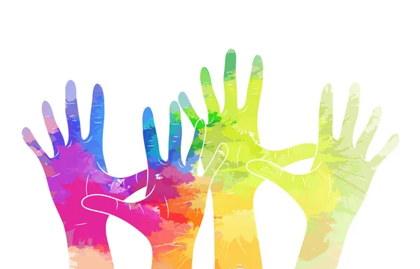 Direitos humanos. Mãos para cima com manchas de aquarela arco-íris. Voluntários e a comunidade. União e amizade de pessoas diferentes. Ilustração vetorial — Vetor de Stock