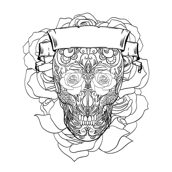 Outline festive sugar skull illustration with doodle patterns, roses and ribbon. The day of the Dead. Los Muertos. The object is separate from the background. Vector template — ストックベクタ