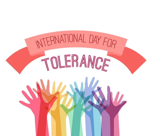 Internationale Dag van Tolerantie. Rainbow handen omhoog met een begroeting lint op witte achtergrond. Gemenebest en eenheid. Aanvaarding van alle. — Stockvector