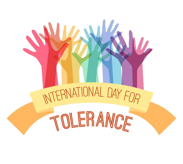 International Day of Tolerance. Rainbow hands up with a greeting ribbon on white background. Commonwealth and unity. Acceptance of all. Vector element — ストックベクタ