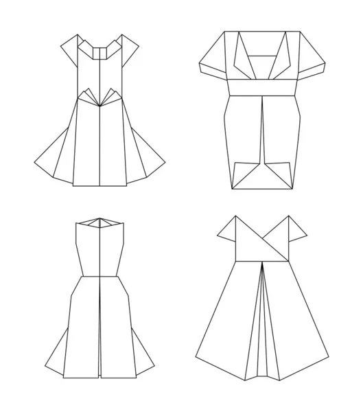 Set of contour paper various origami dresses. Black and white line art clothing. The object is separate from the background. Vector element — Stock Vector