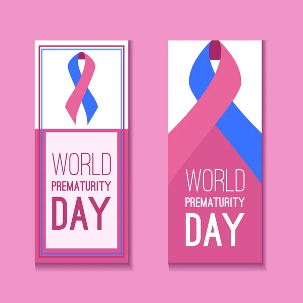 International day of premature babies. Set of vertical banners with festive pink blue ribbon with the inscription. Object isolated from background. Vector card — ストックベクタ