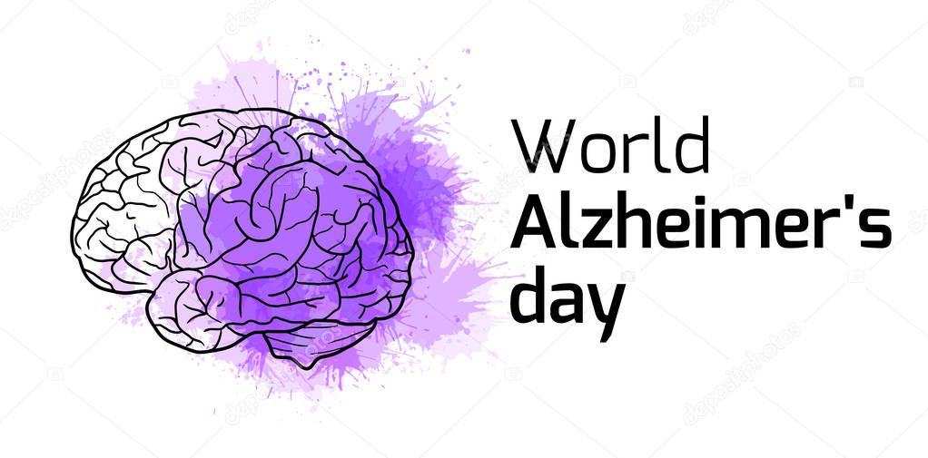 International Alzheimers Day. Horizontal card with outline human brain on purple watercolor stains. Disease and extinction. Vector banner