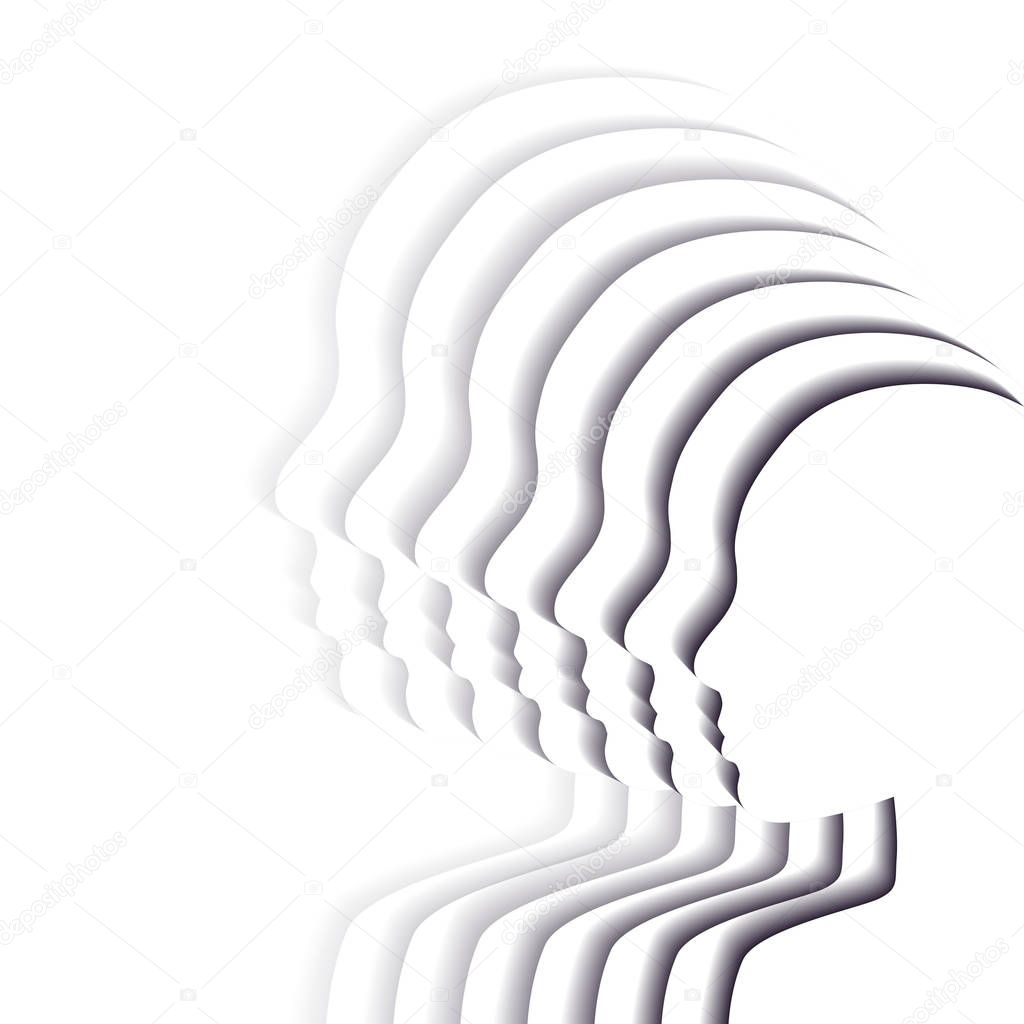 Team white people in profile. Layered paper cut illustration. Unity and recognition of orientation. 3d origami silhouettes. Vector element
