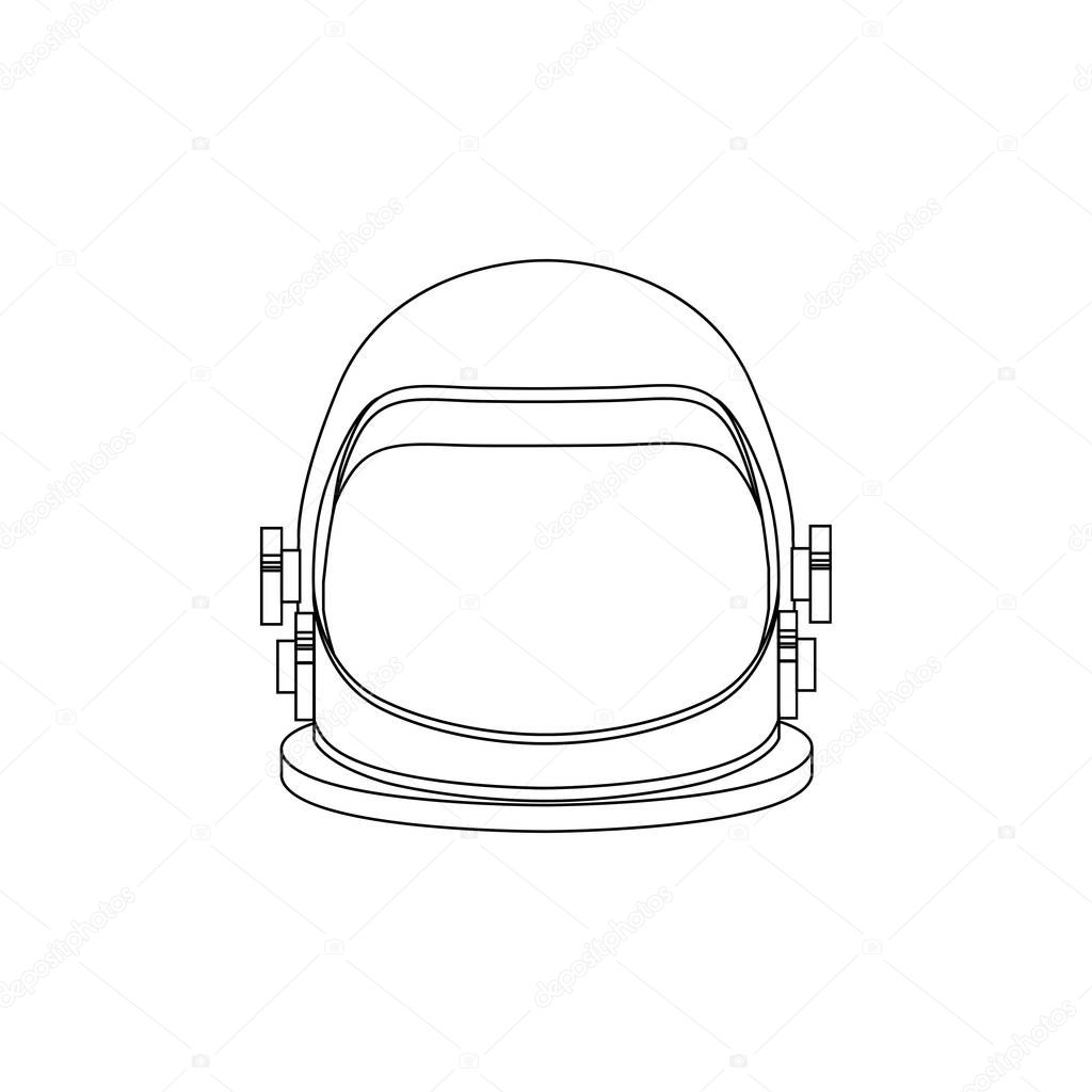 Line art illustration of an astronaut helmet. Front view. Space tourism. The object is separate from the background. Vector element